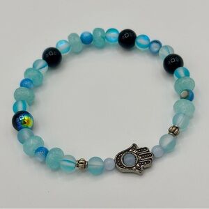 Blue Beaded Gemstone Bracelet with Hamsa Charm